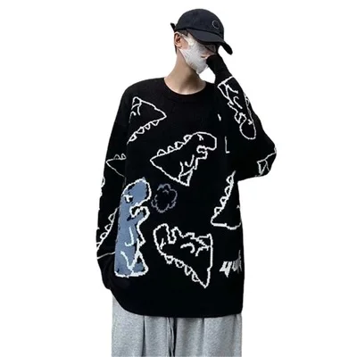 Милый Повседневный женский свободный свитер kawaii с круглым вырезом и мультипликационным принтом животных динозавров, вязаный пуловер