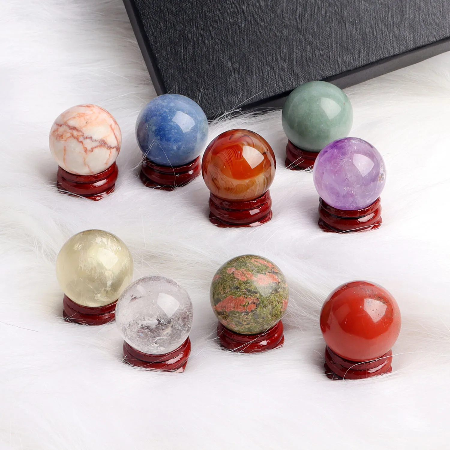 9pcs Mixed Natural Crystal 3cm Ball Quartz Chakra Stone Sphere Mineral Meditation Reiki Healing Collection Home Decor Gift Box