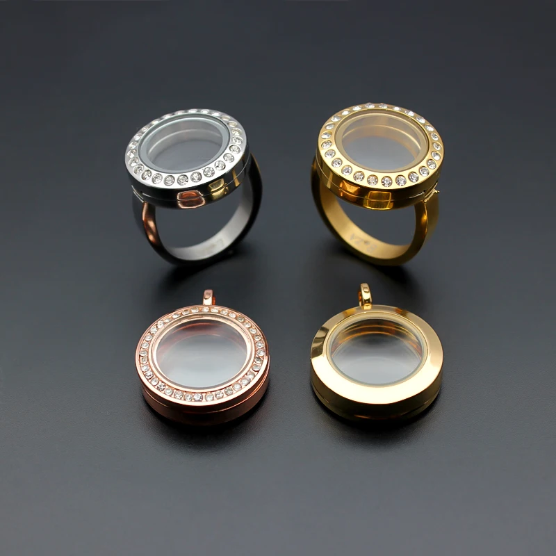 Wholesale 20mm Stainless Steel Glass Locket Ring Medallion Floating Locket Fit Living Memory Charms Ashes Necklace KeyChain Gift