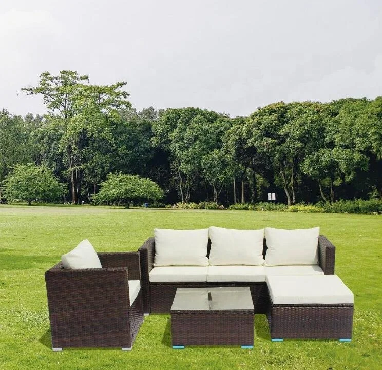 6 Pcs UV Resistant Rattan Garden Furniture Corner Sofa Set Waterproof Cushion Covers Table with Tempered Glass