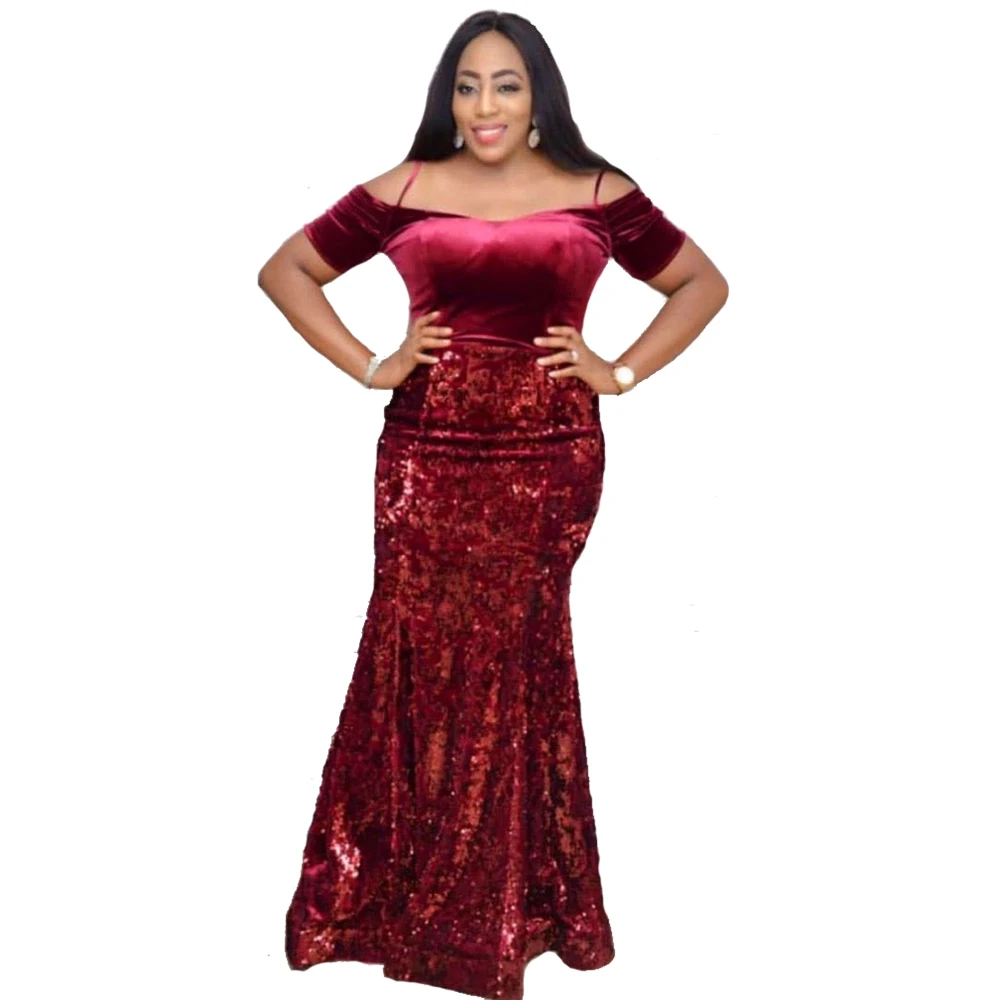 
African Fashion Flannel Sequins One Shoulder Sexy Evening Dress Long Skirt 
