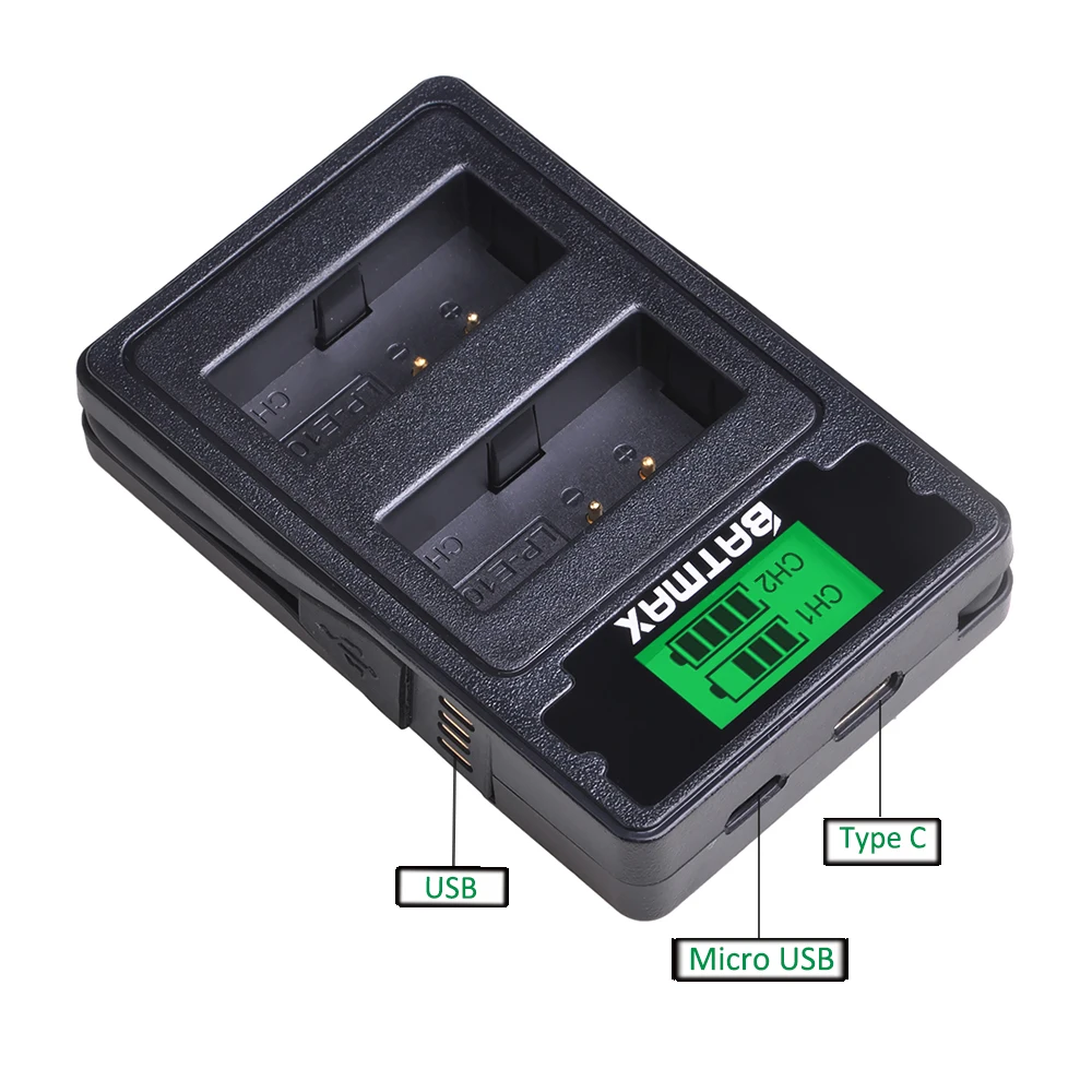 
LP-E10 LPE10 LP E10 battery LCD dual charger with type C port For Canon EOS 1100D 1200D 1300D Rebel T3 T5 T6 KISS X50 X70, L10 