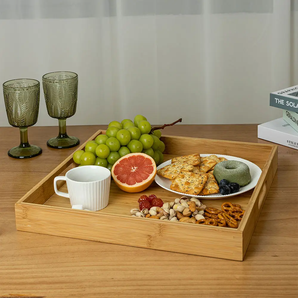Natural Large Square Wood Serving Tray For Coffee Tea Dinner Breakfast Bamboo Serving Tray With Handle