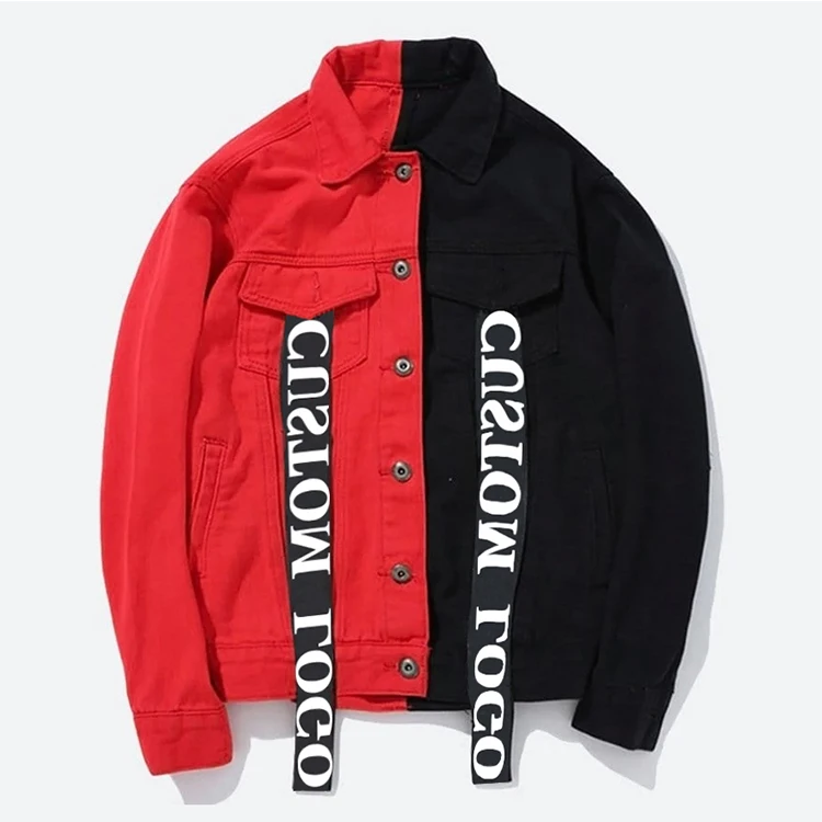 Wholesale Sherpa Selvedge Painted Patchwork two tone Jean Red Denim Jacket In Bulk