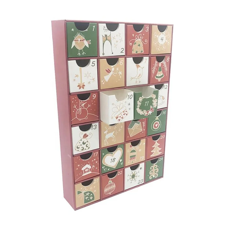 Custom Printed Christmas Advent Calendar Cardboard Gift Box 24 Small Paper Drawers Chocolate Boxes