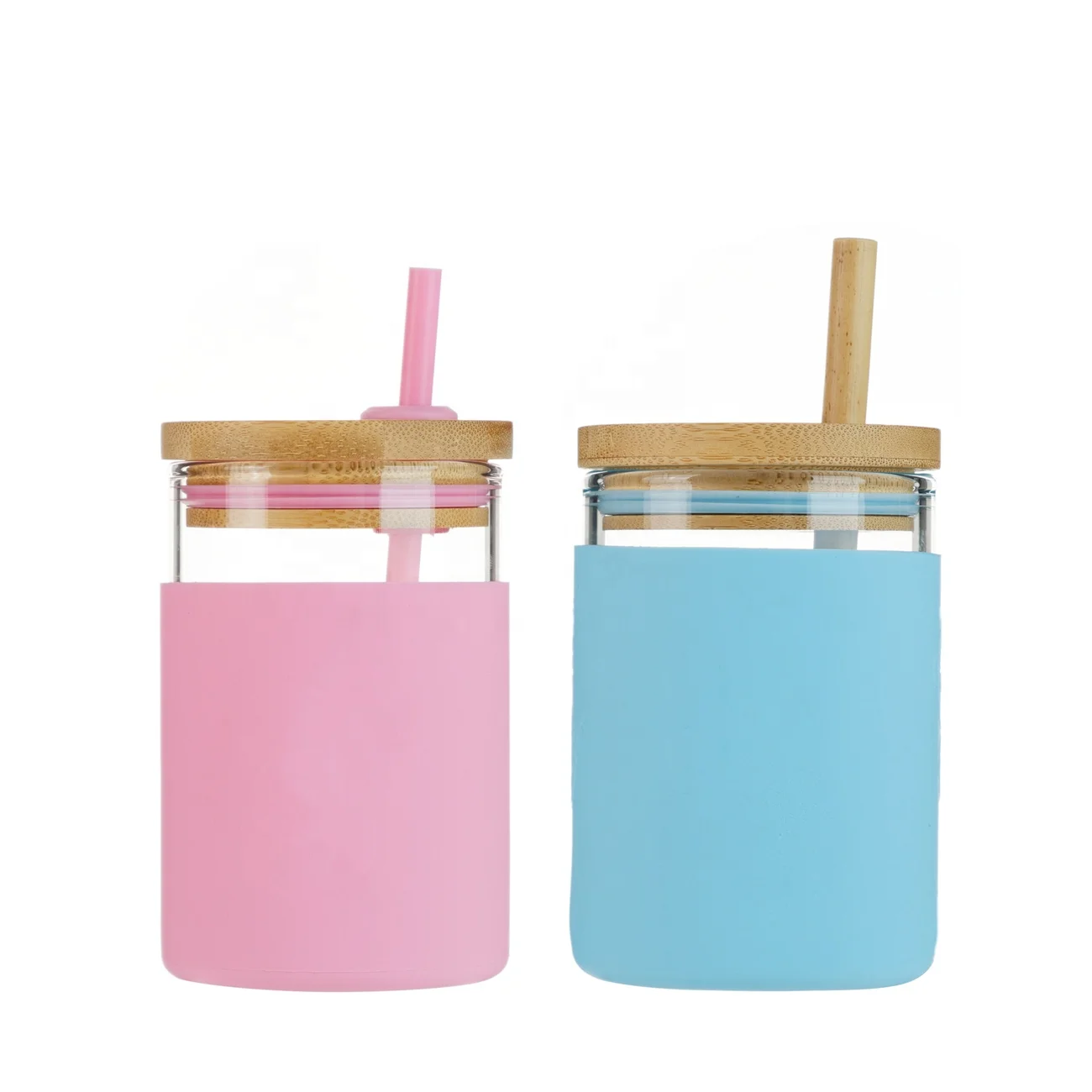 
kids glass jar with straw and protective silicone sleeve heat resistant for small cup 