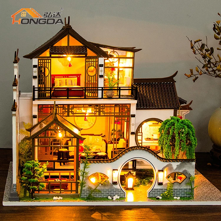 Hongda 2023 new chinese design Wooden doll house diy miniature dollhouse with light for girls