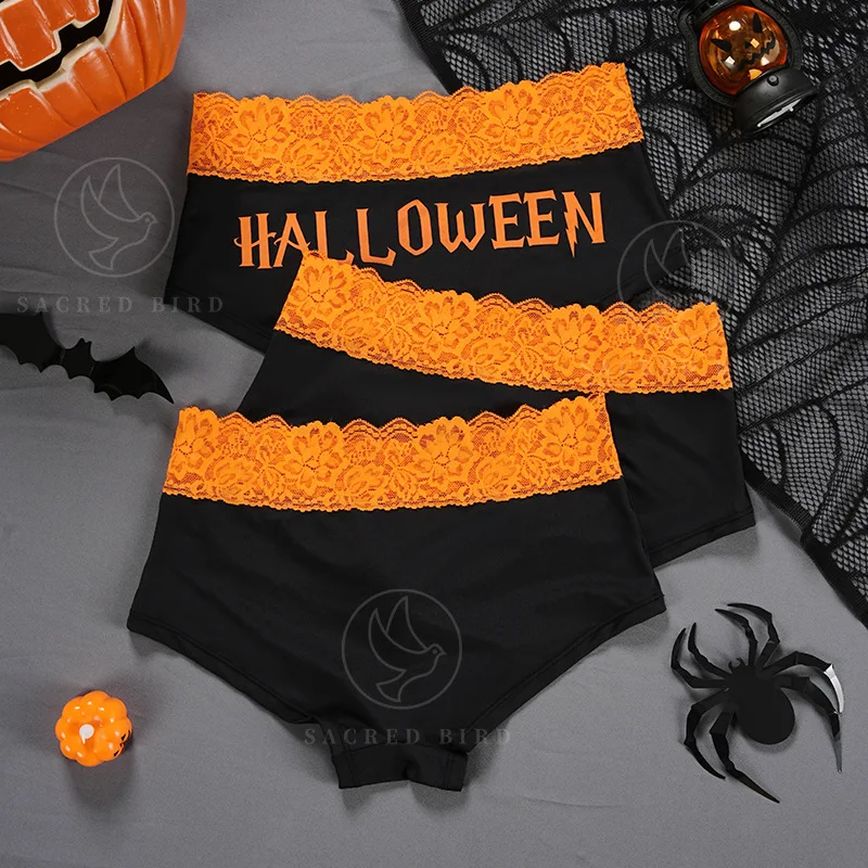 Sexy lace waist edge splicing seamless ice silk girls panties Halloween printing large size anti-glare boxer shorts