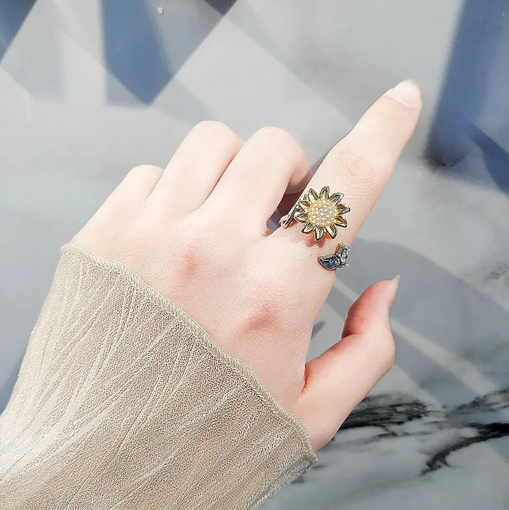 Yoga New Emo Rotate Freely Spinning Stainless Steel Anxiety Ring Fashion Sun Flower Ring For Girl Jewelry Gift