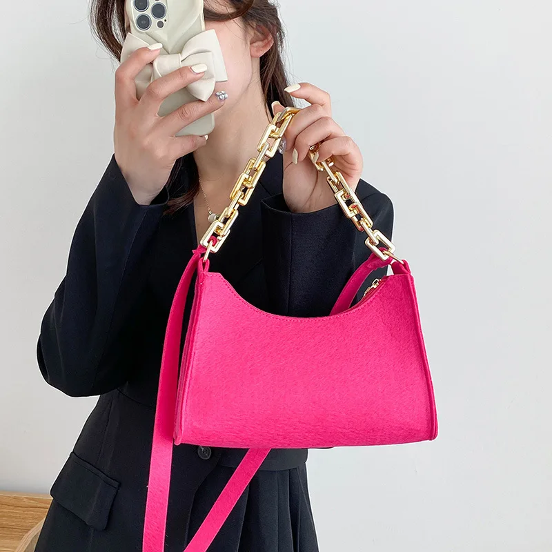 Z204 Fashion Casual Felt Shoulder Underarm Bag for Women Crossbody Tote Purse Shopping Bag Messenger Satchel With Metal Chain