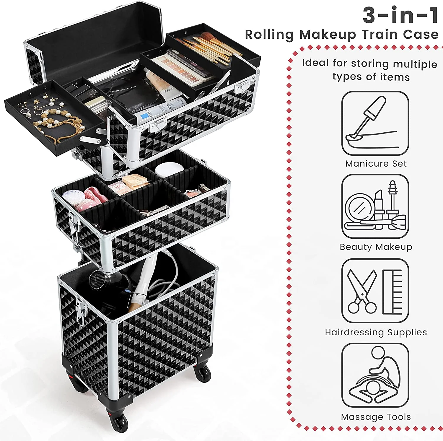 Rolling Makeup Train Case 3 in 1 Cosmetic Case Professional Makeup Suitcase Large Aluminum Cosmetic Trolley with Swivel Wheels