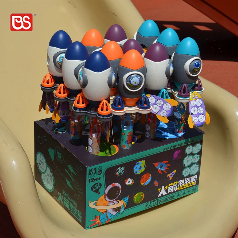 BS Toy 12Pcs 32CM 2 IN 1 Outdoor Space Rocket Shapes Giant Bubble Wand Kids Emo ji Bubble Blower Stick With 140ML Bottle