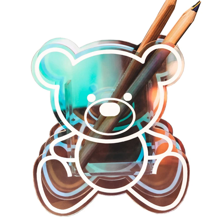 New Design Acrylic Iridescent Office Pen Holder Customized Lucite Shape Logo Pencil Organizer Stand