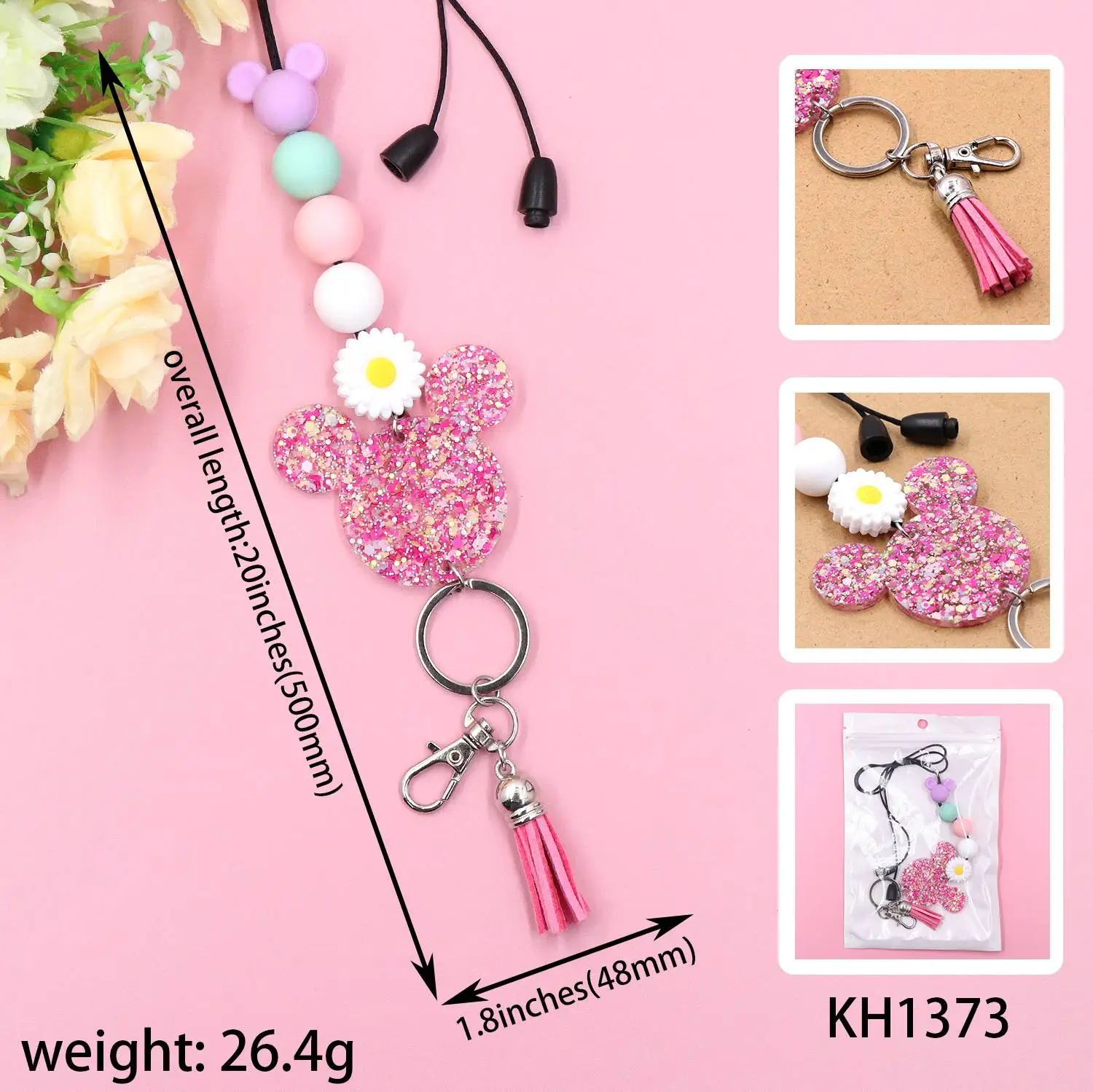 YYXKH1373 Cute Pink Laser Cutting Acrylic Lanyard with Silicone Mouse Bead Stainless Steel UV Printed Certificate for Key Use