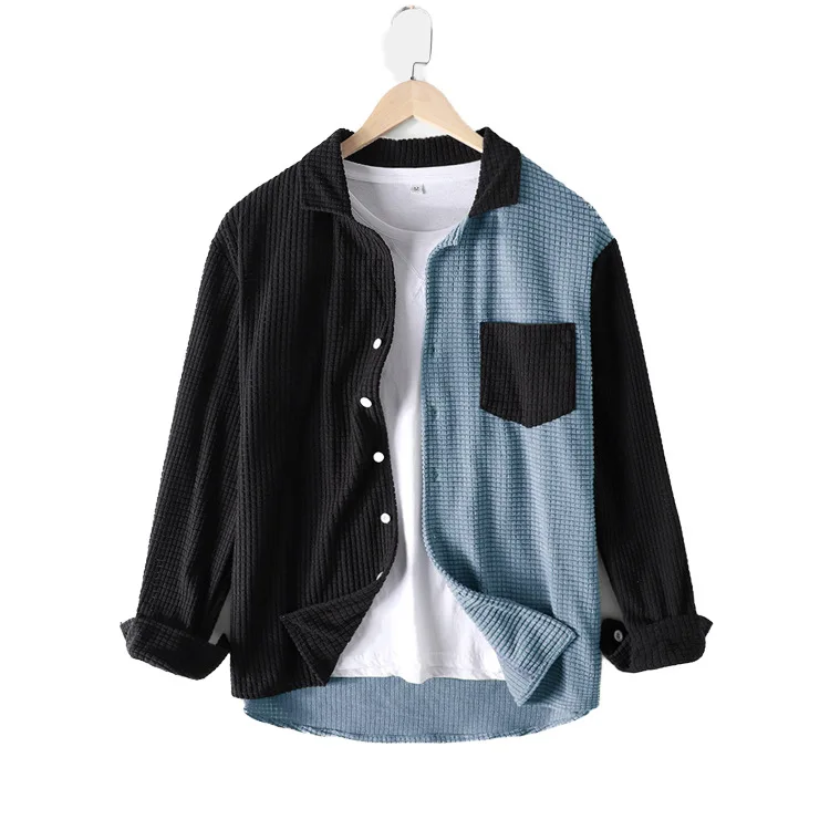 Customized Design Waffle Shirts Patchwork Long Sleeve Shirt ColorBlock Corduroy Jacket For Men Camisas Hombre