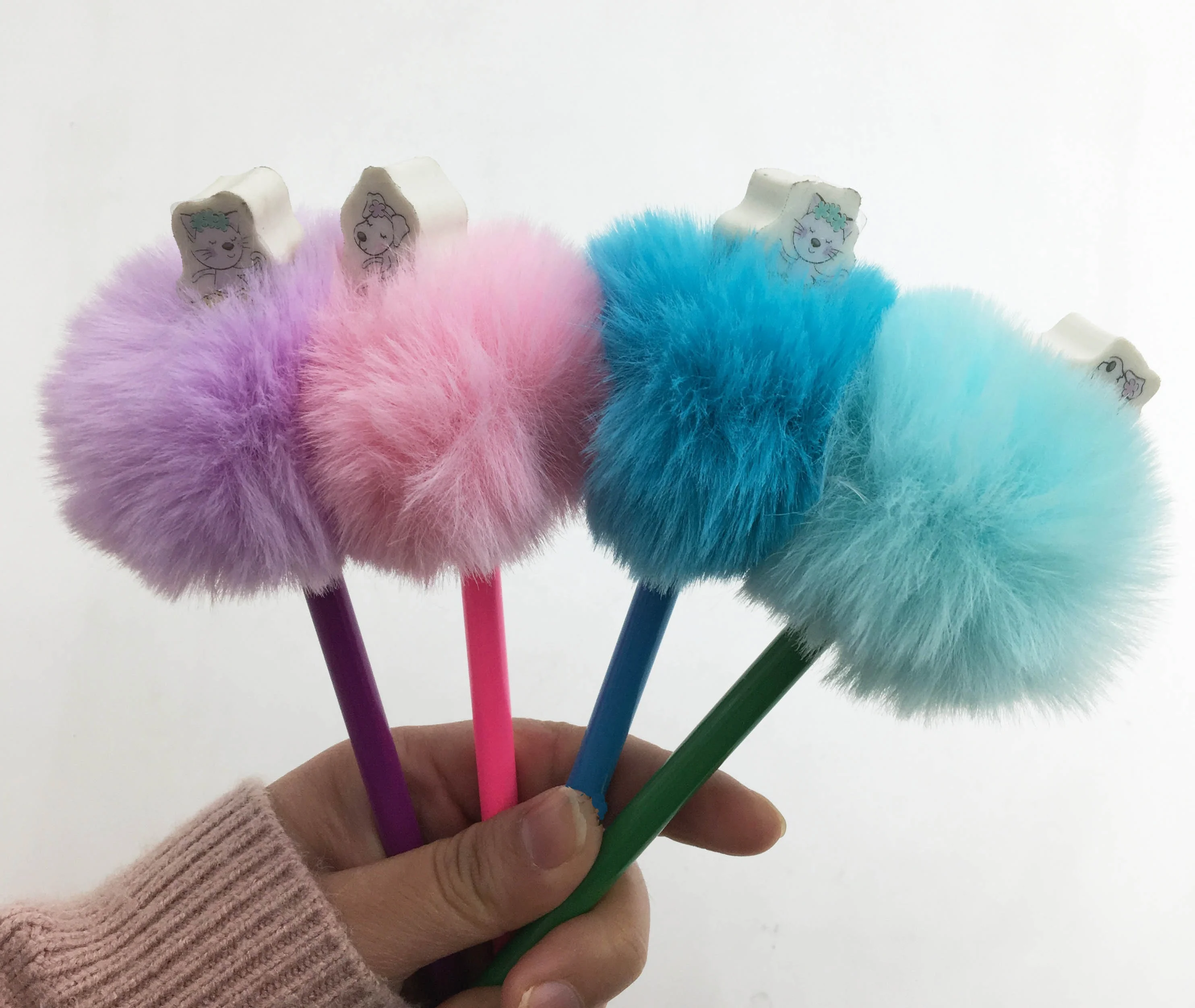 Novelty Fluffy Ball Decorations Pencil With Cute Eraser