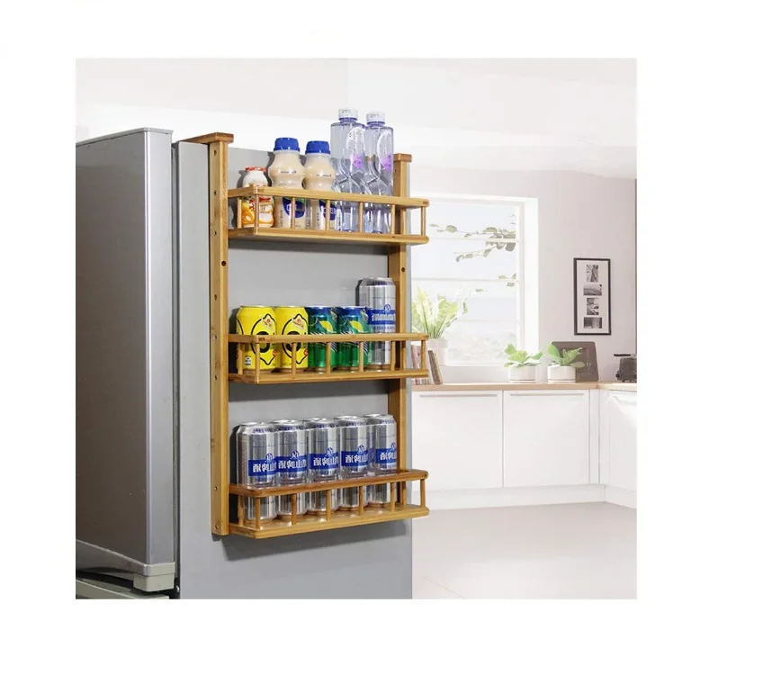 Bamboo Refrigerator Hanging Organizer Rack 3-Layer Fridge Mounted Spice Jars Storage Shelf Side Wall Stand