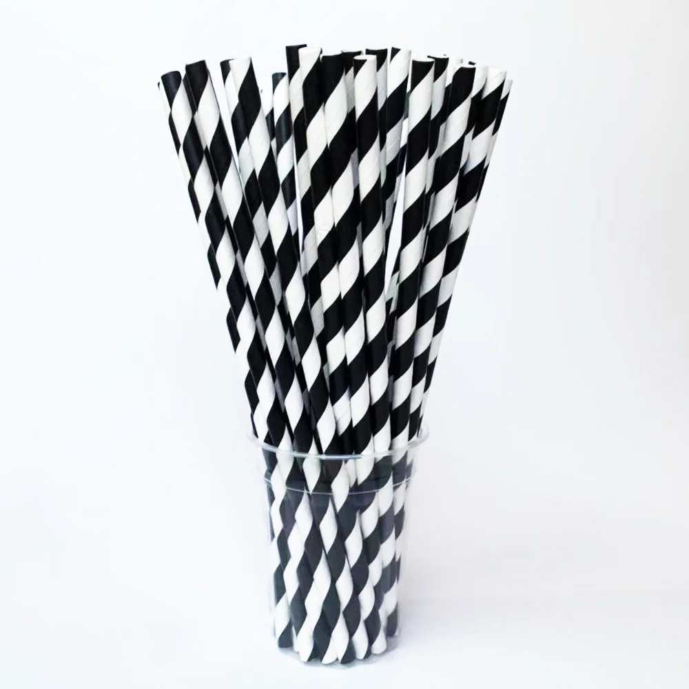 Одноразовые биоразлагаемые Полосатые Бумажные соломинки черного цвета, бумажная соломинка