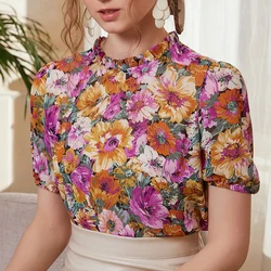 2023 Sunflower Floral  Print Round Neck Shirt Puff Sleeve Summer Casual Ruffles Woman Blouse