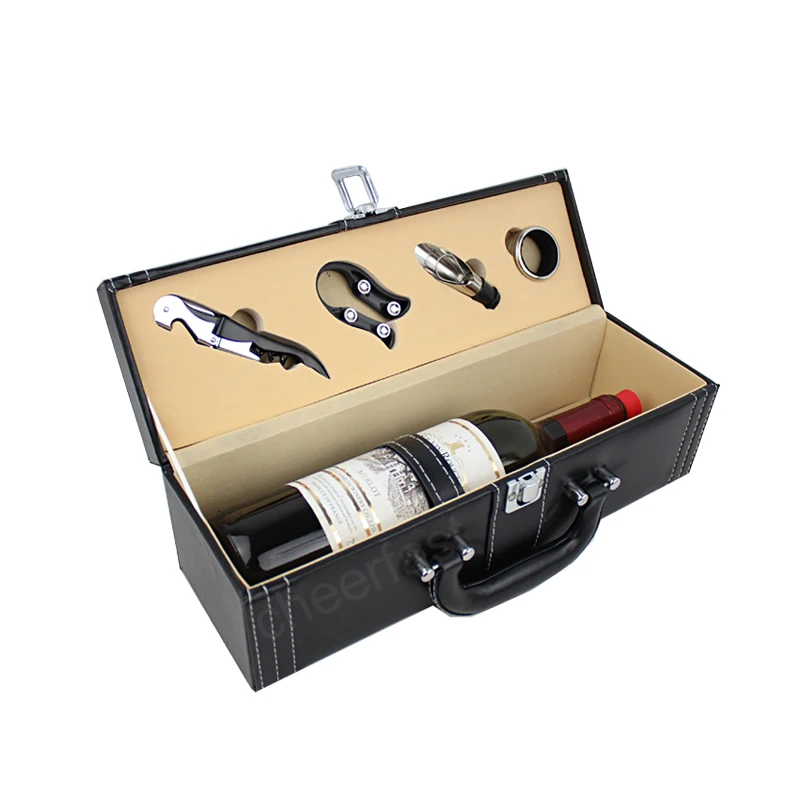 Father Day Gift 4pcs Tools Inside Wine Single Bottle Box PU Leather Premium Wine Carrier Case