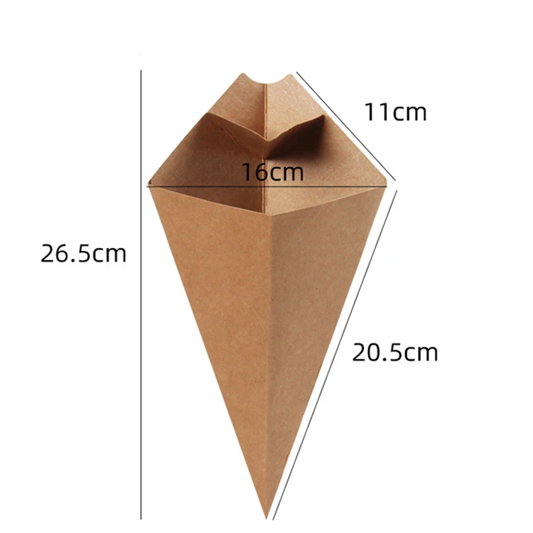 Customized Logo Disposable French Fries Packaging Cone-Shaped Food Popcorn Triangle Mini Paper Cone Box with Sauce Trough