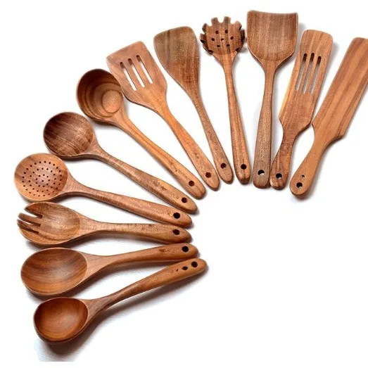 Wooden Cooking Utensil Set Non-stick Pan kitchen Home Professional Cooking Wooden Utensils Set natural Teak Wood Utensil Set