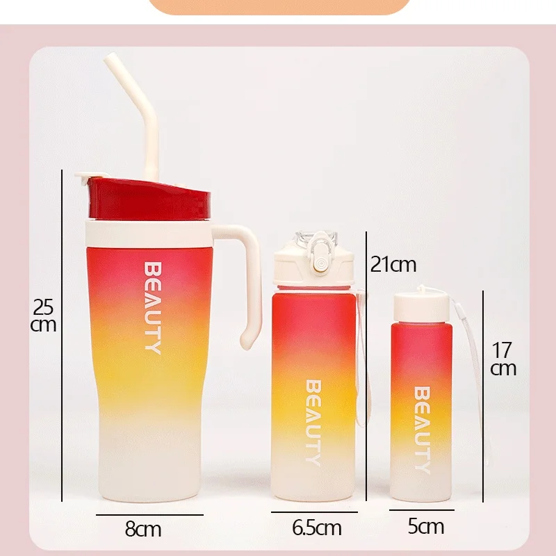 Gradient Frosted Straw Dual-Drinking Large-Capacity Plastic Cooler Cup 3pcs Car-Mounted Water Bottle 3 in 1 Set For Gym