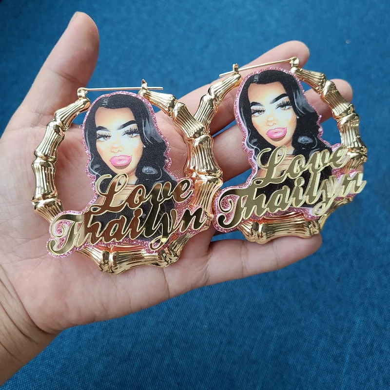 Dropshipping customize Name Earrings Bamboo Style Custom photo Hoop Earrings With Statement Words Numbers