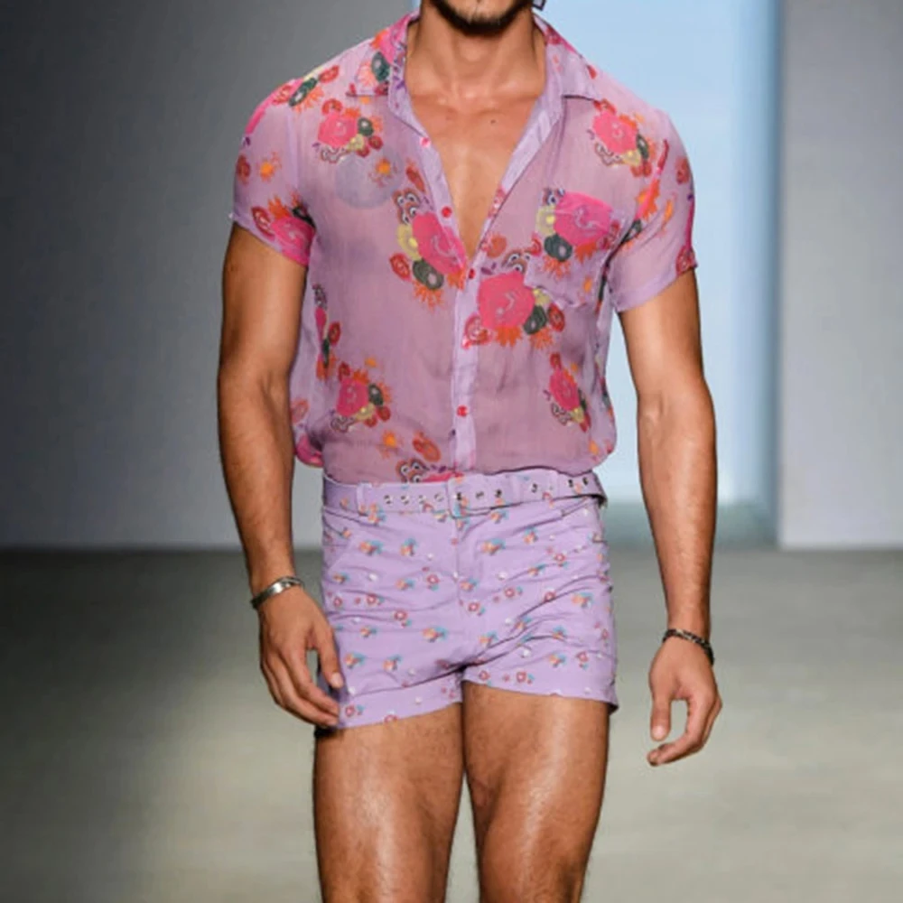 King Mcgreen Star Pink See Through Flower Lace Sheer Shirts Hipster Sexy Transparent Floral Shirt Men Casual Party Nightclub