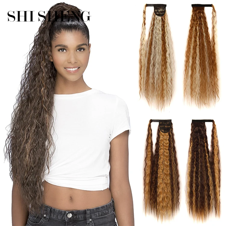 SHI SHENG 34 Inch Long Synthetic Corn Wavy Ponytail Hairpiece Wrap On Clip Hair Ponytail Extensions for Women Blonde Horse Tail
