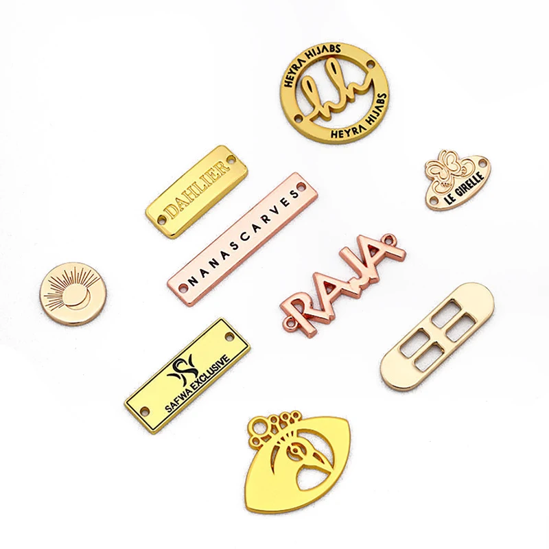 FREE SAMPLE Customised Brand Logo Label Clothing Zinc Alloy Metal Plate Plating Stamping Round Metal Logo Sewing Label