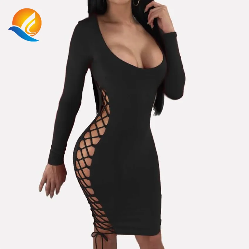 2022 Black Solid Color Deep U Neck Long Sleeve Caged Open Back Sexy Bodycon Dress For Sexy Ladies