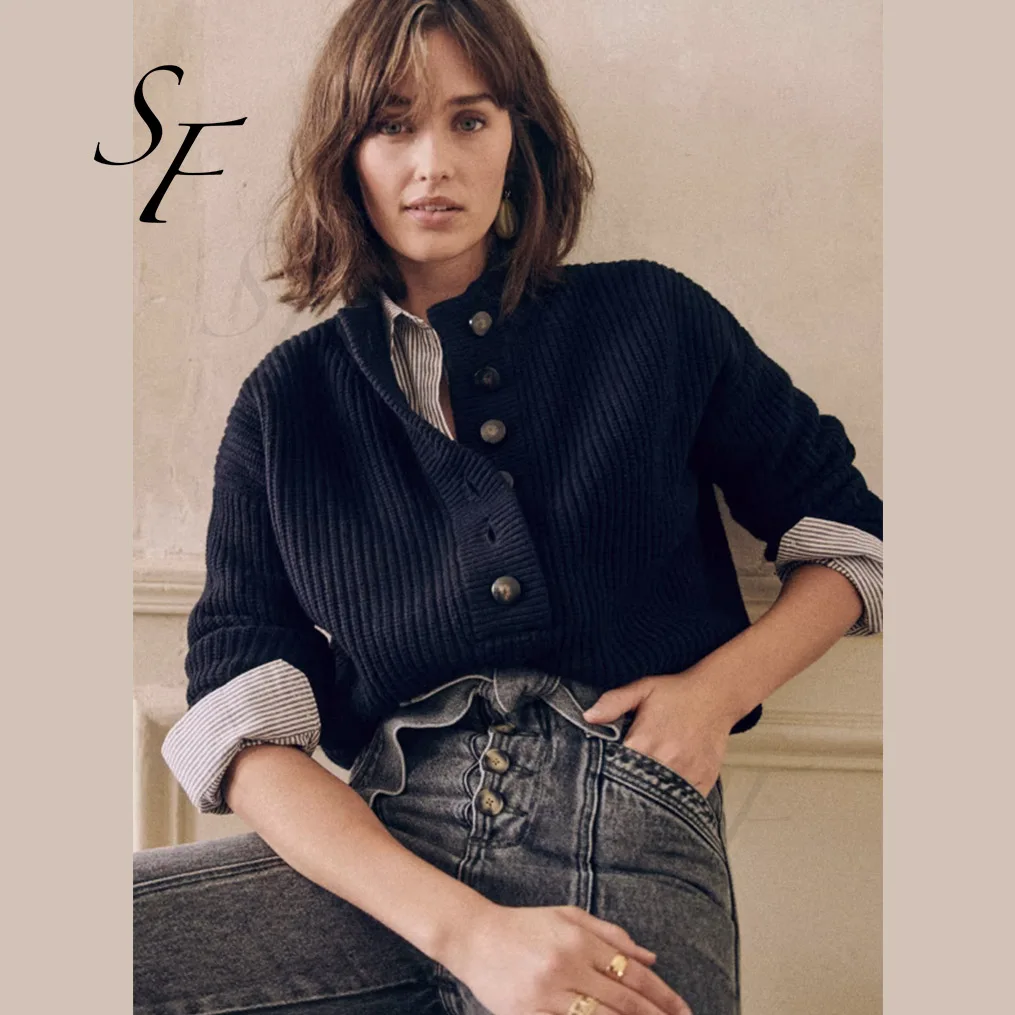 Custom autumn winter merino wool long sleeve high neckline pullover button placket beaded rib knit jumper for women