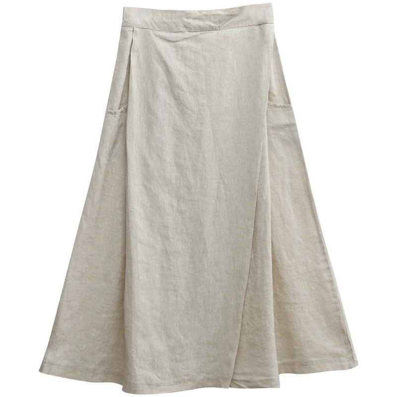 2023 New Long Maxi Elastic High Waist Women Skirt With Pockets Summer Casual A-line Linen Cotton Beige Skirts