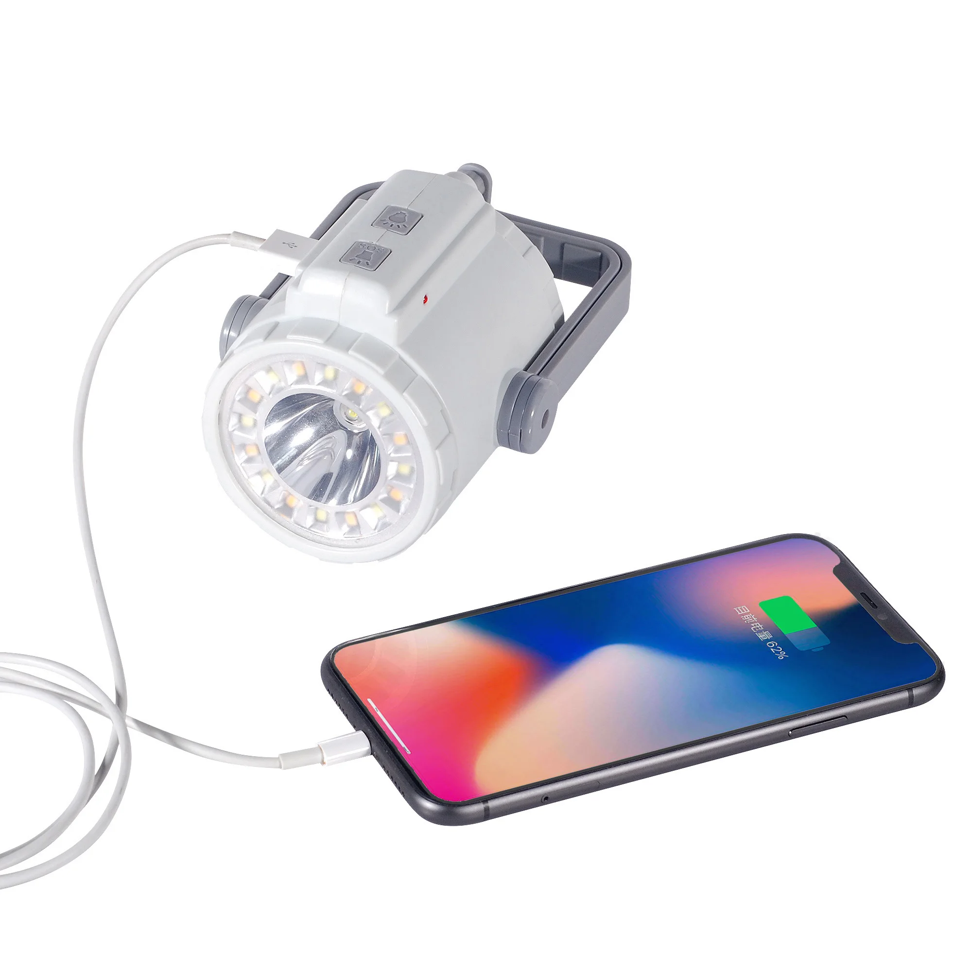 Camping LED flashlight with siren blinking and smart phone charger burglar alarm mobile phone charger