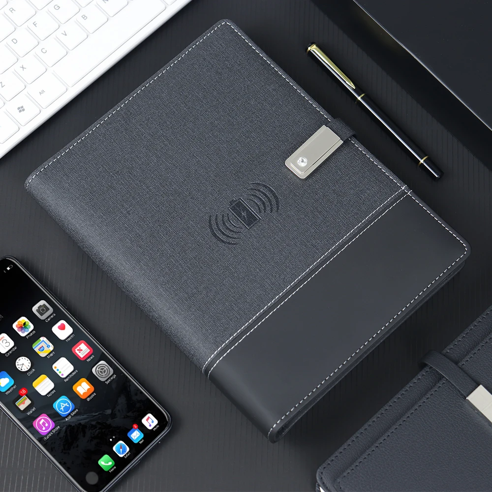 Multi-functional A5 Wireless Charging Notebook With speaker  USB Flash Drive Power Bank Leather Smart Notebook For Business Gift