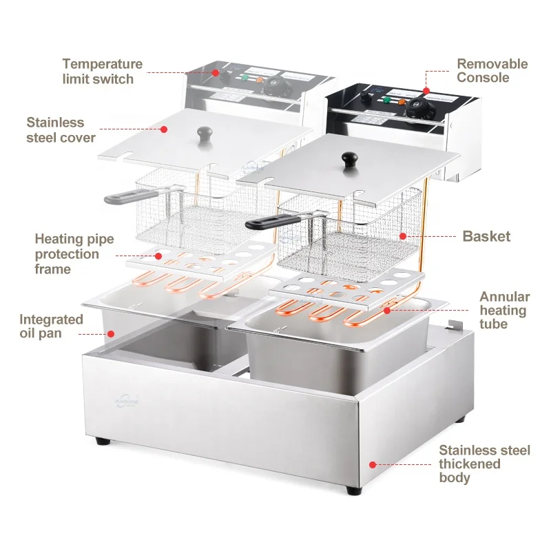 Andong 6l+6l Table Top Stainless Steel French Fries Machine 2 Tank 2 Basket Commercial Potato Chip Fryer Electrical Deep Fryer