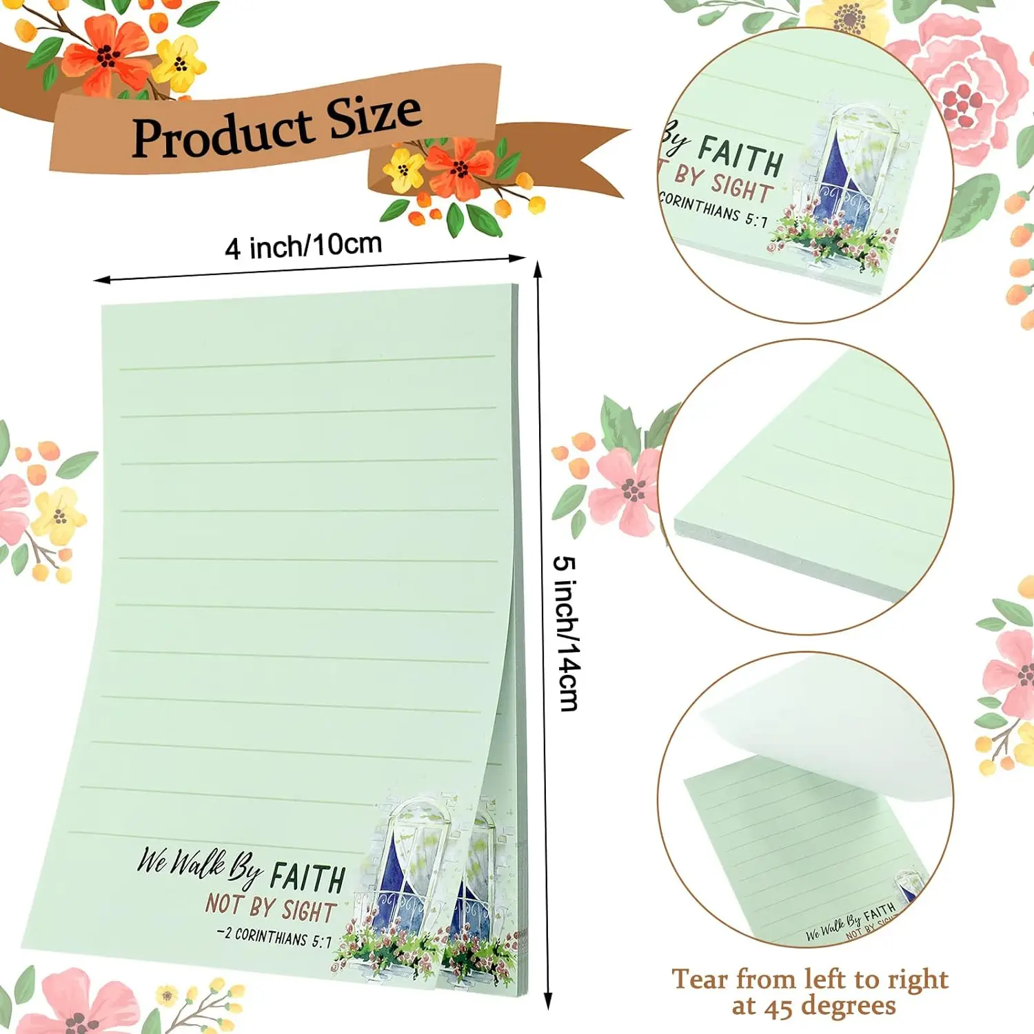 8 Pack 4x5.5 Inch Floral Design Christian Religious Bible Verse Adhesive Memo Pads Sticky Note Pads Writing Diary Lists