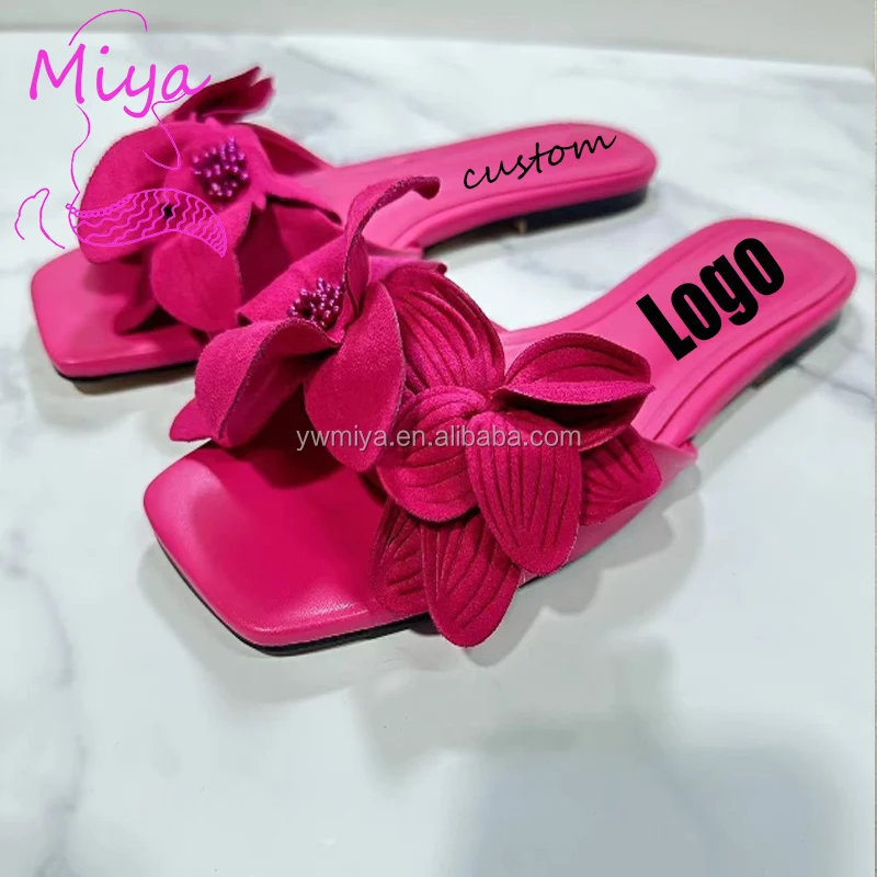 2024 luxury Fancy Creative sandals designs for women hot pink 3D Flower cross strap square open toe leather flat slippers ladies