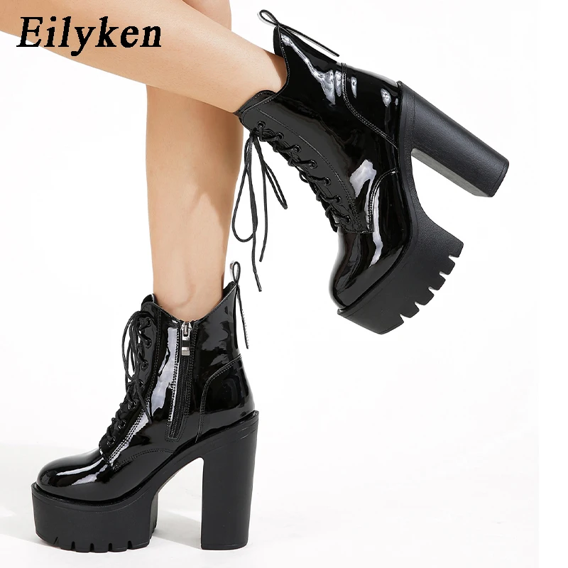 Eilyken Chunky High Heels Ankle Boots for Women Punk Style Cross-tied Lace-up Thick Platform Patent Leather Fashion Shoes