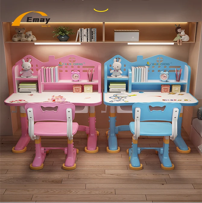 Hand Cranking Adjustable Kid Primary School Students Study Cartoon Pattern PP Table and Chair Set