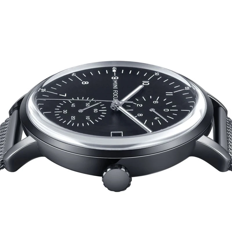 Mini focus curved glass  3ATM waterproof fashion gents quartz watches jam tangan all black mesh band mens wristwatch