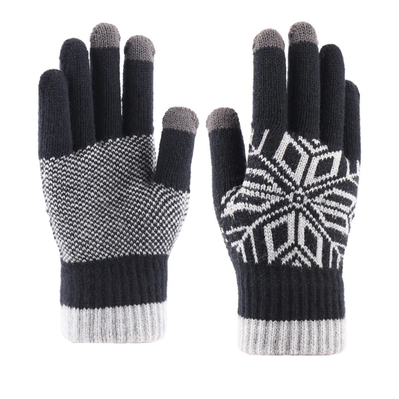 Snowflake Pattern Knitted Cashmere Gloves Men Women Winter Palm Warmth Brushed Lining Glove Wholesale Knitted Finger Gloves