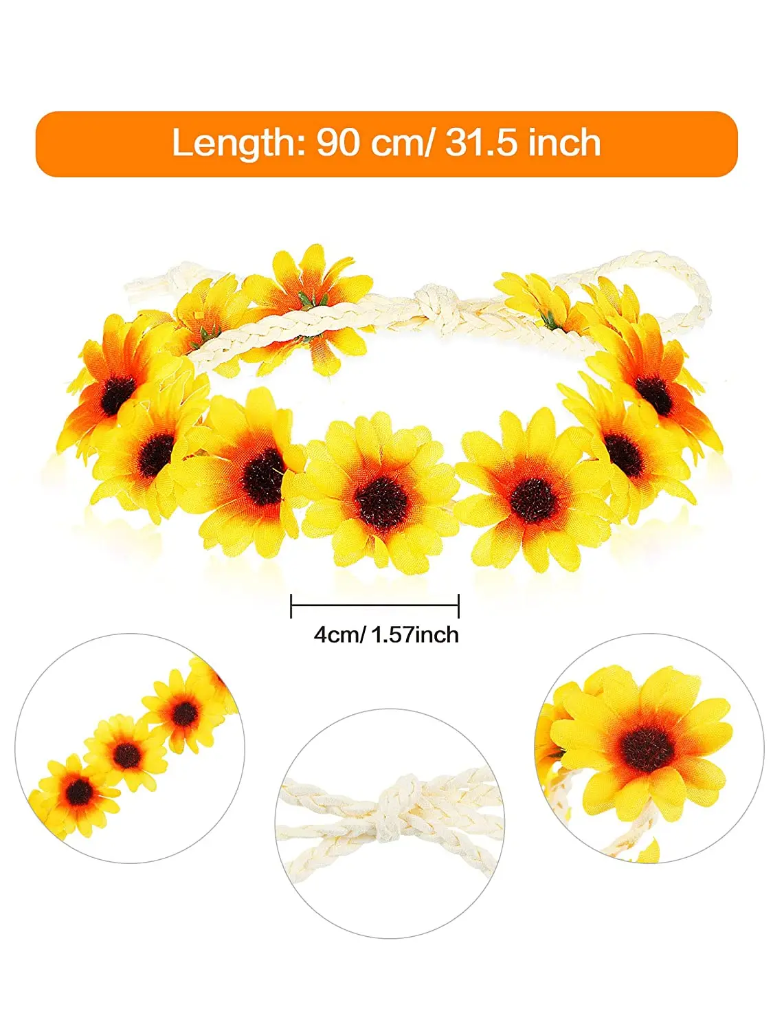 Sunflower Crown Hair Wreath Daisy Flower Headbands Hippie Headbands Adjustable Floral Bridal Headpiece for Hippie Party Wedding