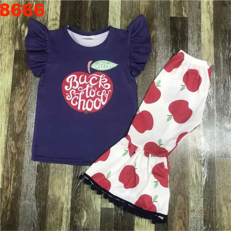 Summer Hot Sale Blue Girls Short Sleeved Long Pants Set Back to School Wholesale Outfits