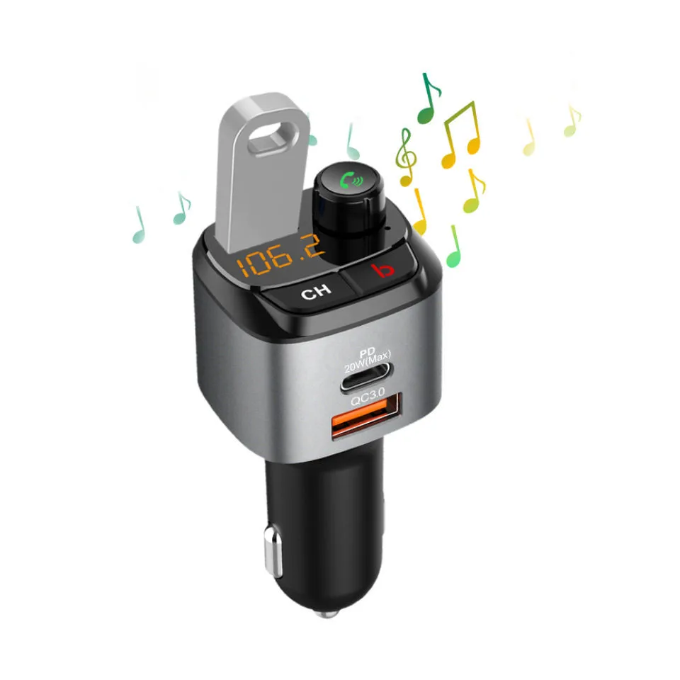 Car Dual USB Ports QC3.0 PD20W Type C Car Charger BT5.0 Bluetooth-MP3 Player FM Transmitter