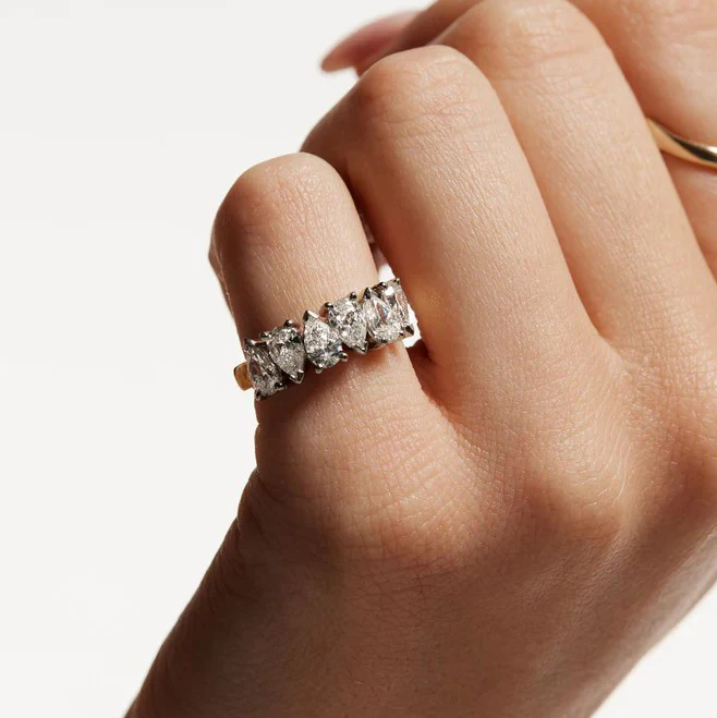 Personalized Jewelry Manufacturer 925 Silver Diamond Water Drop Pear Cut Gold Half Eternity Band Ring For Women