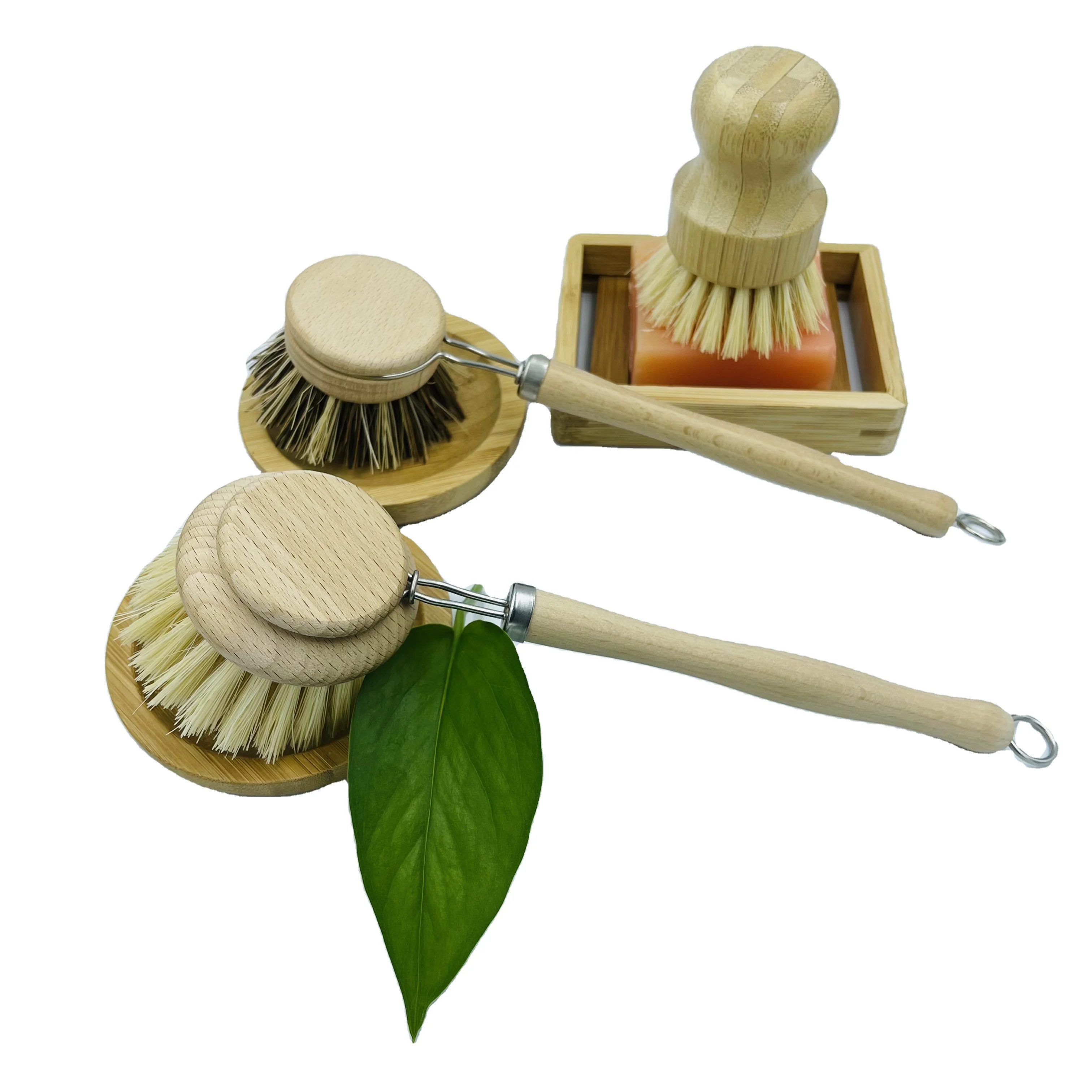long wooden handle natural hard palm bristles dishwashing brush for kitchen cleaning sisal brush set