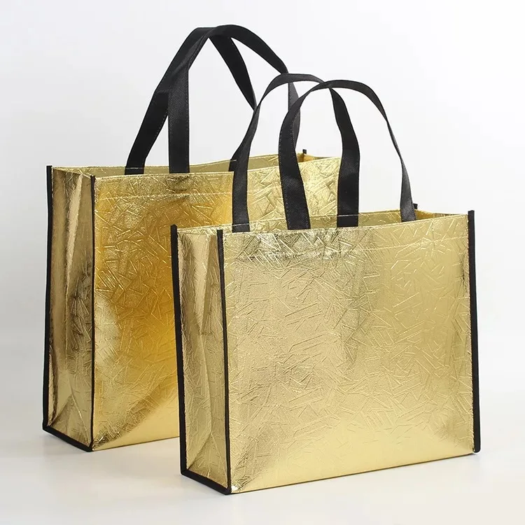 Custom Logo Non Woven Shopping Bags Reusable Laminated Gold Bag With Handles For Packing Clothes