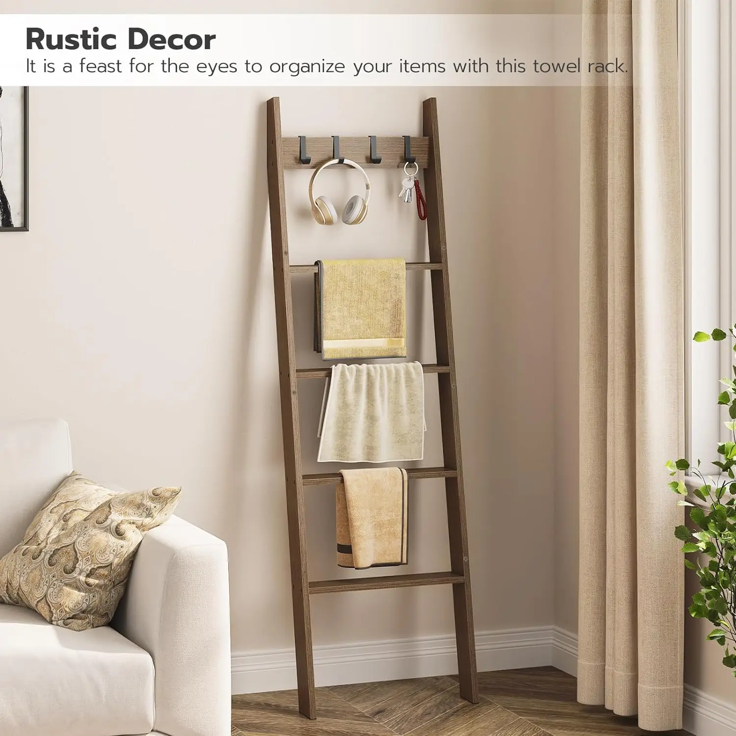 202405 Blanket Ladder, 5-Tier Wall Leaning Towel Rack, Decorative Ladder Shelf with 4 Removable Hooks